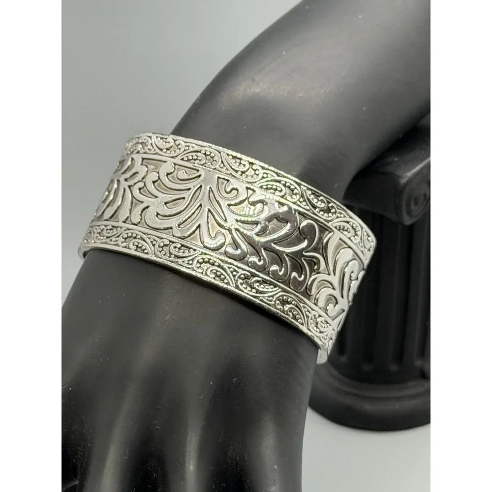 Premier Designs Silver‎ Tone Floral Filigree Scroll Wide Cuff Bracelet Sz 7